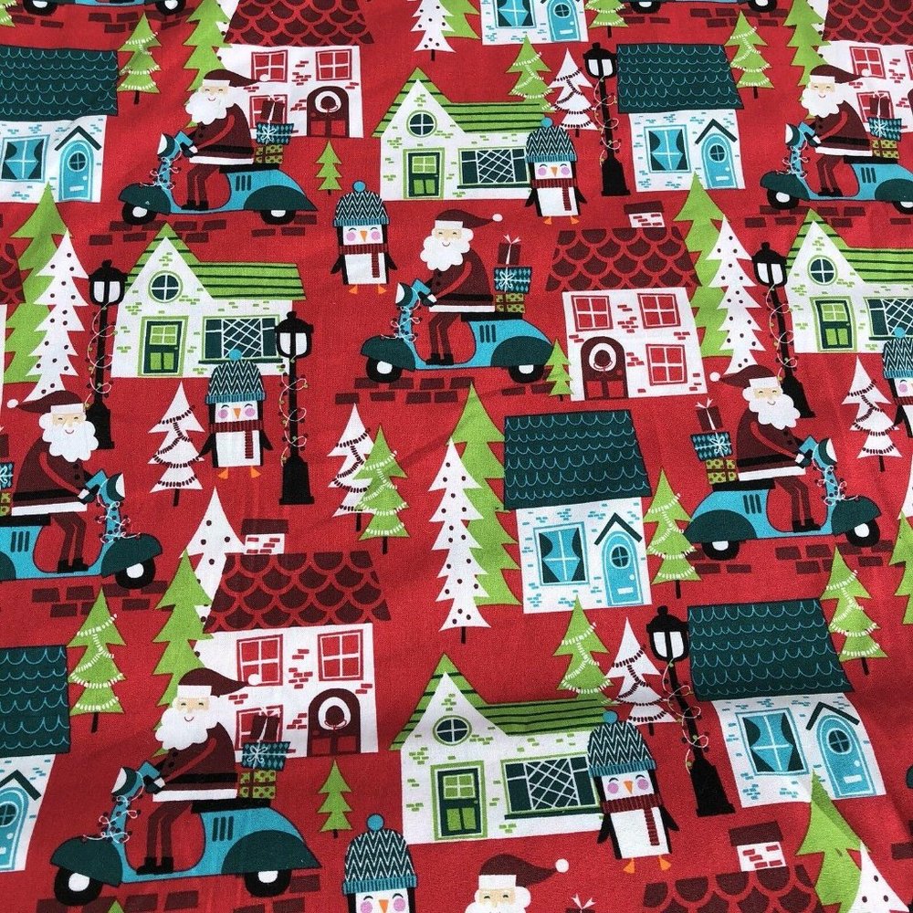 Retro Red Aqua Christmas Holiday Fabric Santa Scooter Motorcycle Holiday 1 Yard